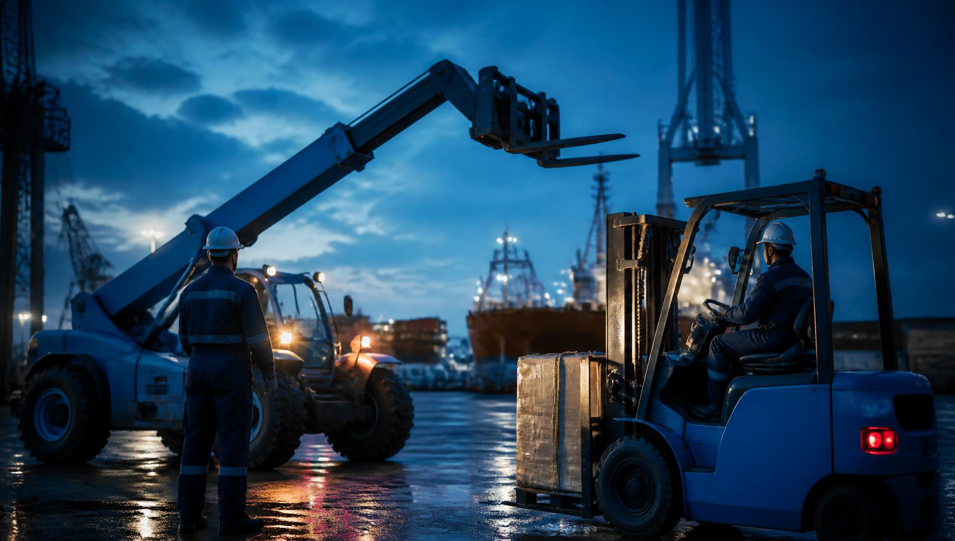 Chantier portuaire à Port-Gentil : chariot élévateur et engin de levage au crépuscule